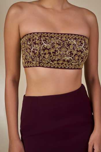 Shop_Masaba_Wine Crepe, Georgette Bandeau Neck Ber Sitara Sehra Embroidered Skirt Set 