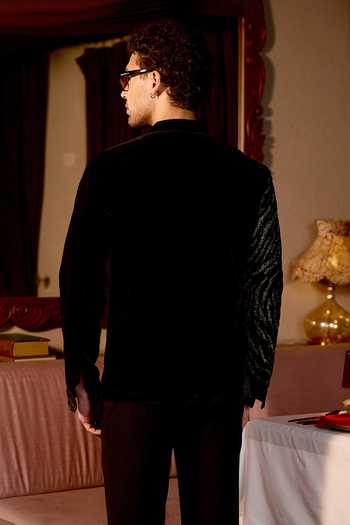 Shop_Asuka_Black Velvet Gilded Roar Hand Embroidered Bomber Jacket _at_Aza_Fashions