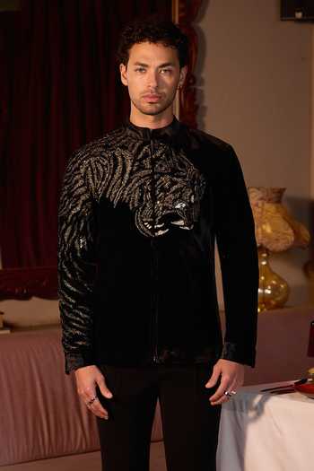 Asuka_Black Velvet Gilded Roar Hand Embroidered Bomber Jacket _Online_at_Aza_Fashions