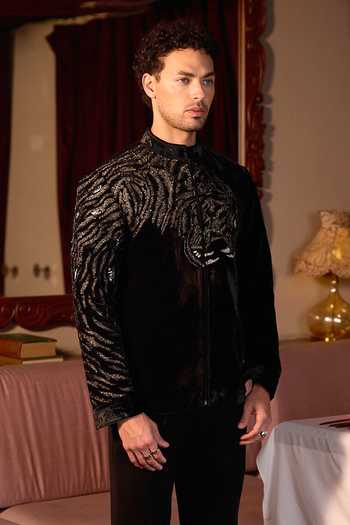 Buy_Asuka_Black Velvet Gilded Roar Hand Embroidered Bomber Jacket _Online_at_Aza_Fashions