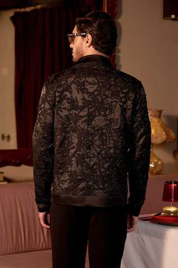 Shop_Asuka_Black Velvet Noir Petal Leather Patch Jacket _at_Aza_Fashions