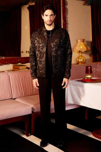 Asuka_Black Velvet Noir Petal Leather Patch Jacket _Online_at_Aza_Fashions