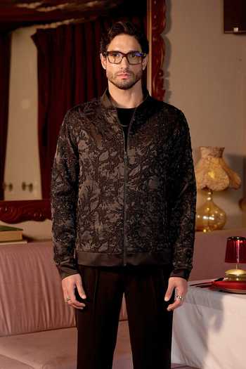 Shop_Asuka_Black Velvet Noir Petal Leather Patch Jacket _Online_at_Aza_Fashions