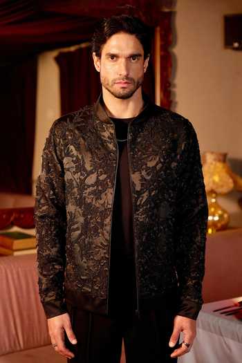 Buy_Asuka_Black Velvet Noir Petal Leather Patch Jacket _at_Aza_Fashions