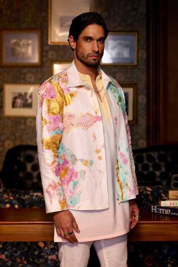 Asuka_Multi Color Linen Garden Mirage Hand Painted Jacket Kurta Set _Online_at_Aza_Fashions