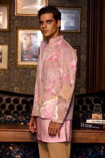 Asuka_Pink Suede Blossom Veil Hand Painted Jacket Kurta Set _Online_at_Aza_Fashions