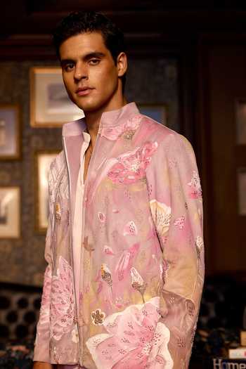 Buy_Asuka_Pink Suede Blossom Veil Hand Painted Jacket Kurta Set _Online_at_Aza_Fashions