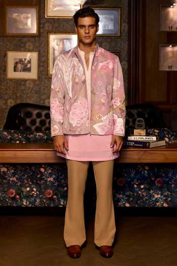 Shop_Asuka_Pink Suede Blossom Veil Hand Painted Jacket Kurta Set _at_Aza_Fashions