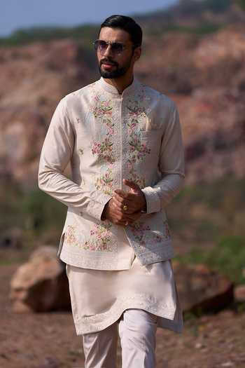 Shop_Anushree Reddy_Ivory Silk, Cotton, Lycra Poppy Creeper Thread Bundi Set _at_Aza_Fashions