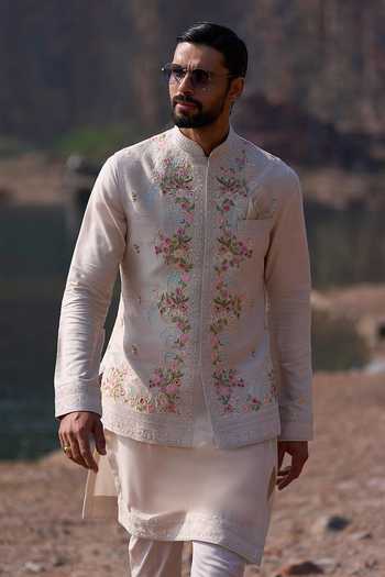 Anushree Reddy_Ivory Silk, Cotton, Lycra Poppy Creeper Thread Bundi Set _Online_at_Aza_Fashions