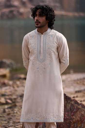 Shop_Anushree Reddy_Ivory Cotton, Chanderi, Lycra Safforn Creeper Kurta Set _at_Aza_Fashions