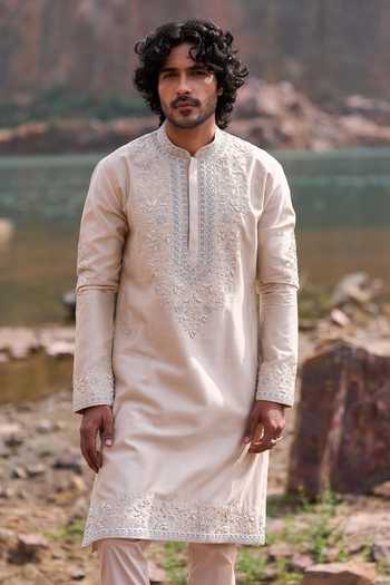Buy_Anushree Reddy_Ivory Cotton, Chanderi, Lycra Safforn Creeper Kurta Set _at_Aza_Fashions