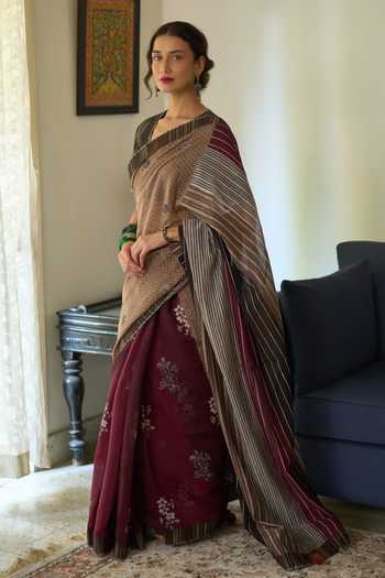 Swatti Kapoor_Brown Chanderi V-neck Malti Block Print Saree With Naina Blouse _Online_at_Aza_Fashions
