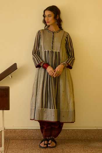 Buy_Swatti Kapoor_Black Silk, Cotton Round Neck Asha Striped Anarkali And Kumud Draped Pant Set _at_Aza_Fashions