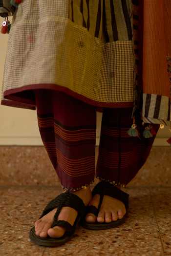 Swatti Kapoor_Black Silk, Cotton Round Neck Asha Striped Anarkali And Kumud Draped Pant Set _Online
