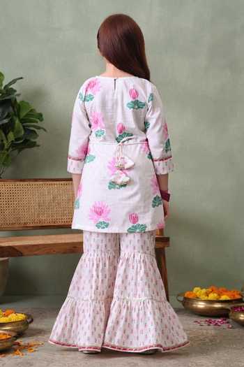 Shop_Petite Pomme_Multi Color Cotton Floral Print Kurta And Gharara Set _at_Aza_Fashions