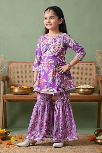 Buy_Petite Pomme_Purple Cotton Floral Print Kurta And Gharara Set _at_Aza_Fashions