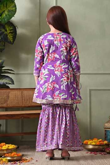 Shop_Petite Pomme_Purple Cotton Floral Print Kurta And Gharara Set _at_Aza_Fashions