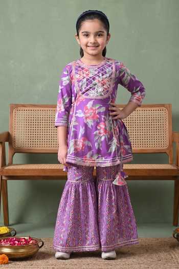 Buy_Petite Pomme_Purple Cotton Floral Print Kurta And Gharara Set _Online_at_Aza_Fashions