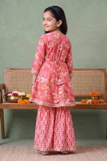 Shop_Petite Pomme_Pink Cotton Floral Print Kurta And Sharara Set _at_Aza_Fashions
