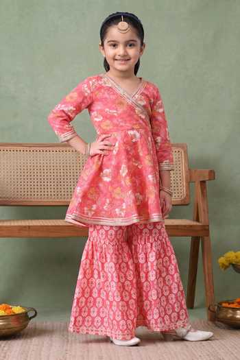 Buy_Petite Pomme_Pink Cotton Floral Print Kurta And Sharara Set _Online_at_Aza_Fashions