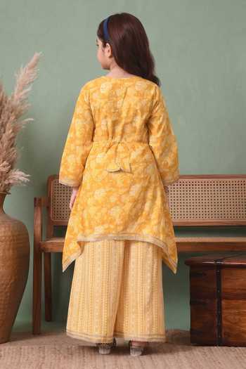 Shop_Petite Pomme_Yellow Cotton Floral Print Kurta And Palazzo Set _at_Aza_Fashions