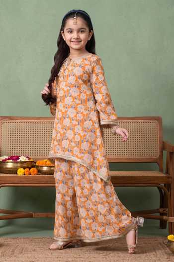 Petite Pomme_Orange Cotton Gota Patti Floral Print Kurta With Palazzo _Online_at_Aza_Fashions