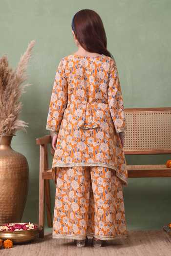 Shop_Petite Pomme_Orange Cotton Gota Patti Floral Print Kurta With Palazzo _at_Aza_Fashions