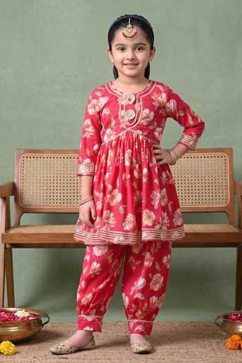Petite Pomme_Red Cotton, Polyester, Net Floral Print Kurta Pant Set _Online_at_Aza_Fashions