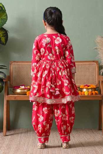 Shop_Petite Pomme_Red Cotton, Polyester, Net Floral Print Kurta Pant Set _at_Aza_Fashions