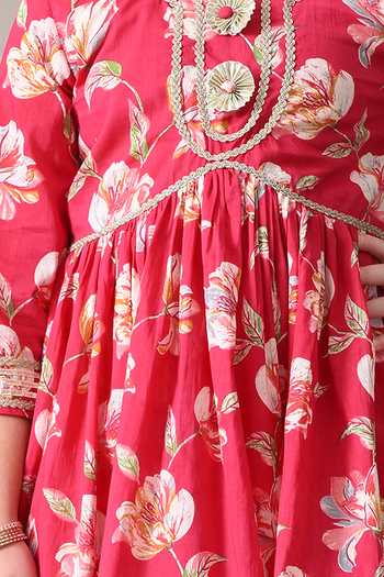 Buy_Petite Pomme_Red Cotton, Polyester, Net Floral Print Kurta Pant Set _Online_at_Aza_Fashions