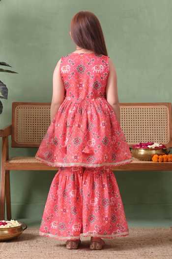 Shop_Petite Pomme_Pink Cotton, Net Printed Kurta Set _at_Aza_Fashions
