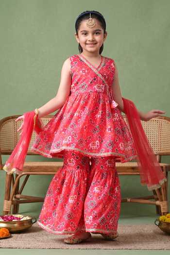 Petite Pomme_Pink Cotton, Net Printed Kurta Set _Online_at_Aza_Fashions