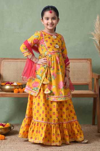 Buy_Petite Pomme_Yellow Cotton, Net Floral Print Kurta Set _at_Aza_Fashions