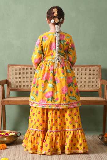 Shop_Petite Pomme_Yellow Cotton, Net Floral Print Kurta Set _at_Aza_Fashions