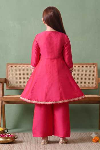 Shop_Petite Pomme_Red Cotton, Net Embroidered Kurta Set _at_Aza_Fashions