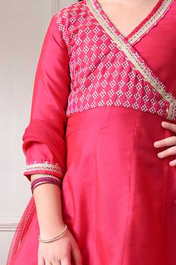 Petite Pomme_Red Cotton, Net Embroidered Kurta Set _Online_at_Aza_Fashions