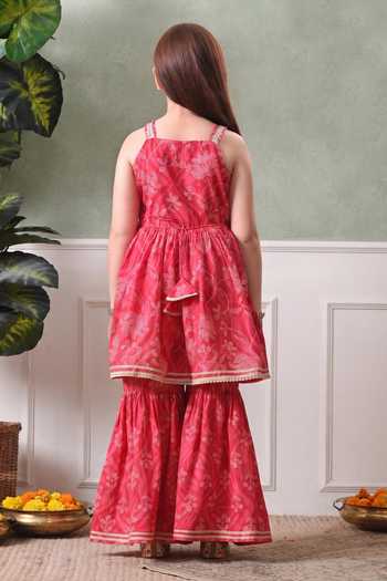 Shop_Petite Pomme_Pink Cotton, Net Printed Kurta Gharara Set _at_Aza_Fashions