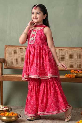 Petite Pomme_Pink Cotton, Net Printed Kurta Gharara Set _Online_at_Aza_Fashions