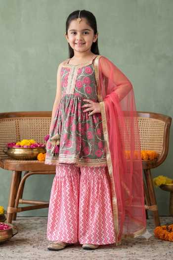 Shop_Petite Pomme_Green Cotton, Net Floral Print Kurta Set _at_Aza_Fashions
