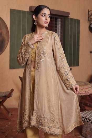Buy_Surkh Syahi_Gold Crepe Round Neck Printed Cape And Polka Dot Palazzo Set _at_Aza_Fashions