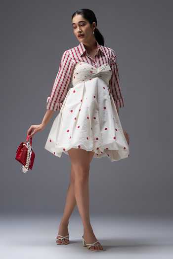 Aaroh By Dolly_White Pure Cotton Collared Neck, Polka Dot Hand Block Print Dress With Shirt _Online_at_Aza_Fashions