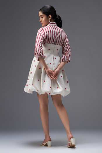 Shop_Aaroh By Dolly_White Pure Cotton Collared Neck, Polka Dot Hand Block Print Dress With Shirt _at_Aza_Fashions