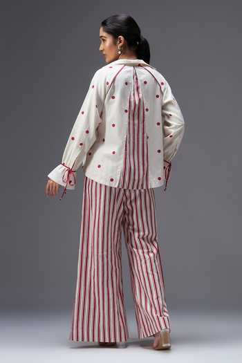 Shop_Aaroh By Dolly_White Pure Cotton Collared Neck, Sweetheart Hand Block Print Shirt And Palazzo Set _at_Aza_Fashions