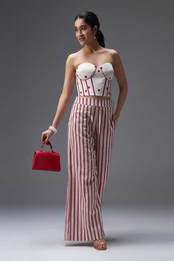 Aaroh By Dolly_White Pure Cotton Piping Sweetheart Neck Hand Block Print Corset And Palazzo Set _Online_at_Aza_Fashions