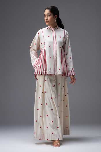 Buy_Aaroh By Dolly_White Pure Cotton Mandarin Collar Polka Dot Print Shirt And Pant Set _Online_at_Aza_Fashions