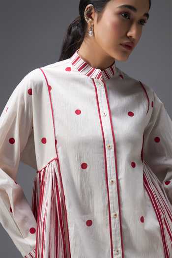 Shop_Aaroh By Dolly_White Pure Cotton Mandarin Collar Polka Dot Print Shirt And Pant Set _Online_at_Aza_Fashions