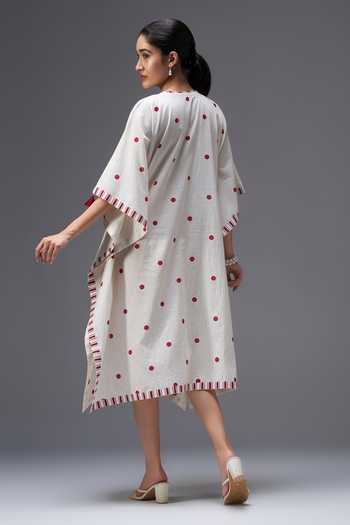 Shop_Aaroh By Dolly_White Pure Cotton V-neck Polka Dot Print Kaftan _at_Aza_Fashions