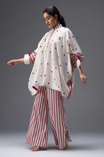 Aaroh By Dolly_White Pure Cotton Mandarin Collar Hand Block Print Kaftan And Palazzo Set _Online_at_Aza_Fashions