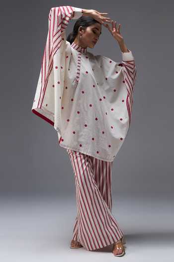 Aaroh By Dolly_White Pure Cotton Mandarin Collar Hand Block Print Kaftan And Palazzo Set _at_Aza_Fashions